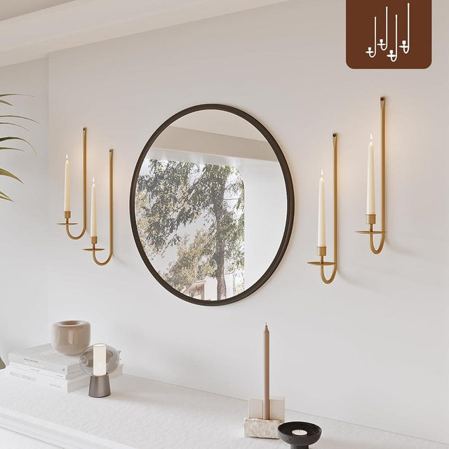 Metal Wall Candle Sconce Holder Set of 4 Wall Mount Candle Holder Pillar Holder BRASS Modern Wall Candle Sconces Hanging for Living Room Farmhouse Fireplace Wedding