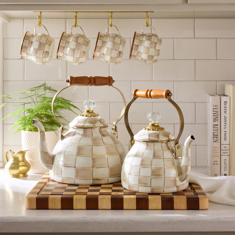 MacKenzie-Childs, Mocha Check Stainless Steel Tea Kettle | Zola