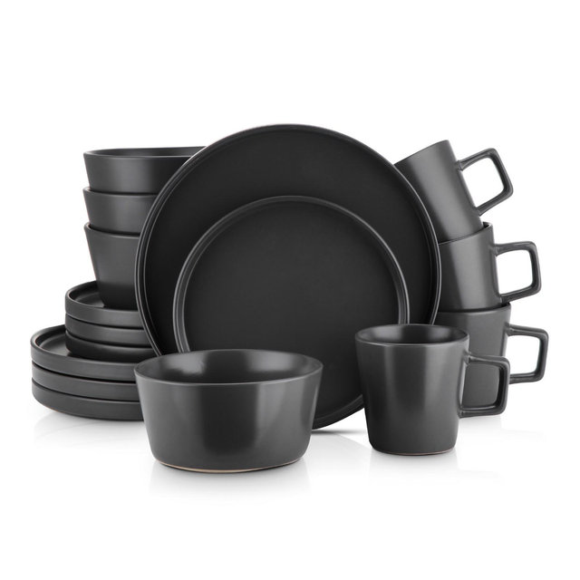 Stone Lain Celina 16-Piece Stoneware Dinnerware Set, Service for 4, Black