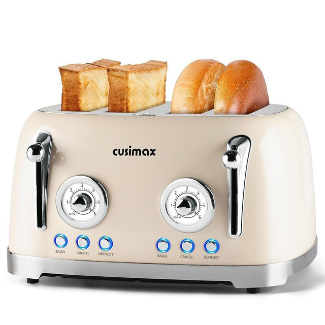 CUSIMAX Toaster 4 Slice, Retro Toaster with Wide Slots for Bagels, Stainless Steel Toaster with 6 Toast Settings, Bagel, Cancel, Defrost & Reheat Functions, Dual Independent Control Panels, Cream
