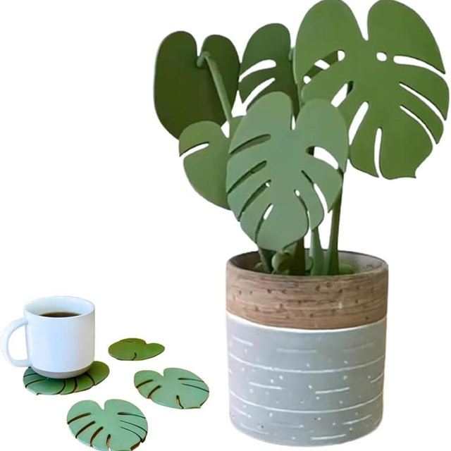 PFHHUDCVV Monstera Coaster Set, 4 Count, Green Leaf Silicone Drink Coasters, Non Slip, Anti Stain, Heat Resistant, Hand Wash Only
