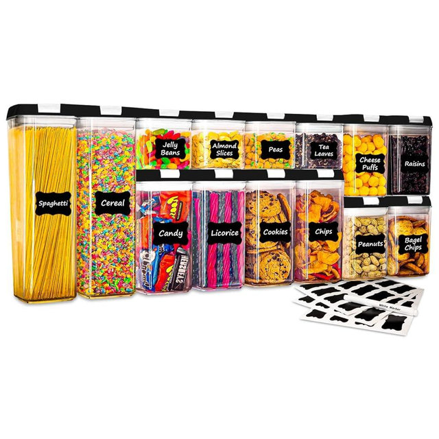 Lifetime Home 14 PACK Airtight Food Storage Containers Set with Lids for Kitchen & Pantry Organization - BPA-Free for Cereal, Pasta, Rice, Vegetables & Flour - Free Labels & Marker - BLACK