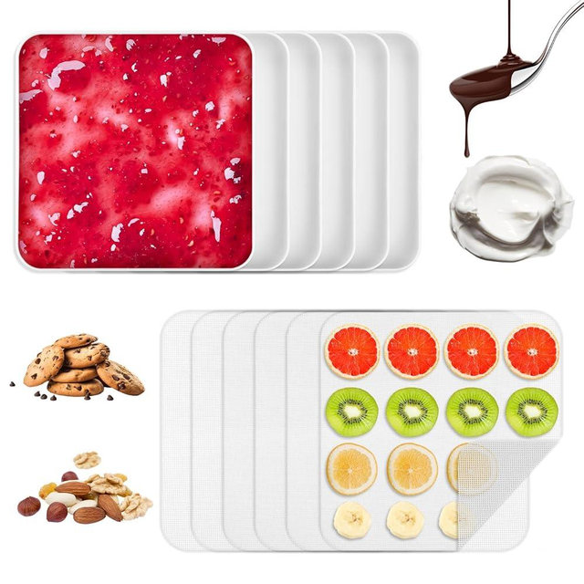 Acellegic 12 Pcs Silicone Dehydrator Sheets 11x 11 Inch Included 6 Pcs Food Dehydrator Trays with Edge and 6 Mesh Dryer Mats, Reusable Non Stick Silicone Sheets for Liquids Fruit and Yogurt