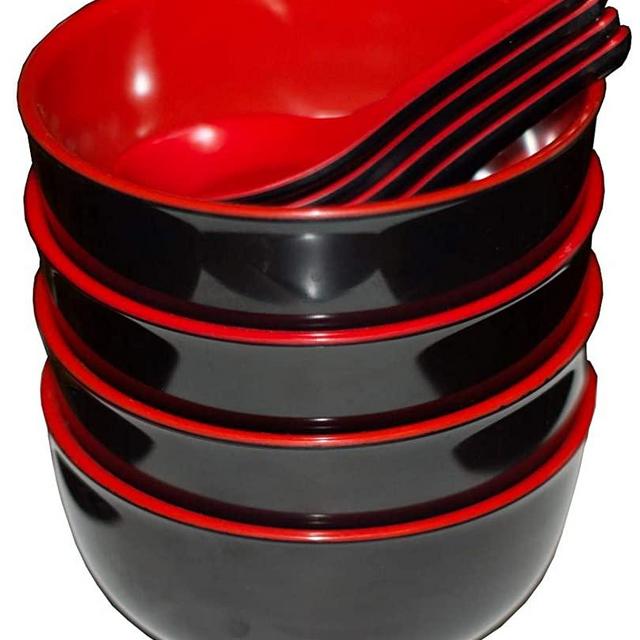 Calvin & Co Set of 4 Melamine Miso Soup Cereal Bowls and Spoons 5 inches (Small, Red & Black)