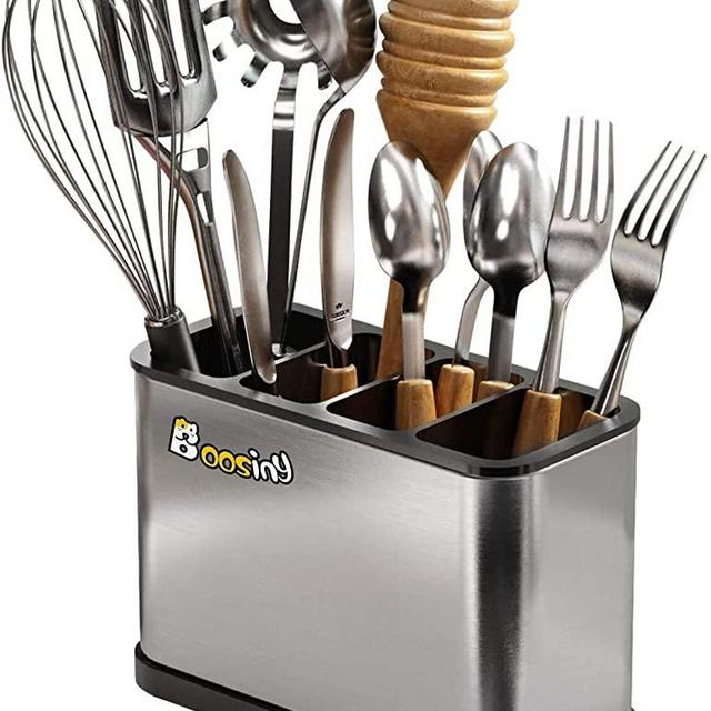 Utensil Holder, Boosiny Sturdy Stainless Steel Weighted Kitchen Base, Rotating Removable Divider, Gripped Insert, Rust Proof and Dishwasher