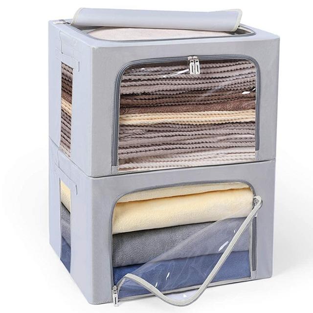 FHSQX Storage Bins, Large Capacity Clothes Bag Organizer with Window & Carry Handles, Foldable Stackable Container Set, Closet Organization for Comforters (2-PACK) (Grey, Big 19.7 x 16 x 13.7)