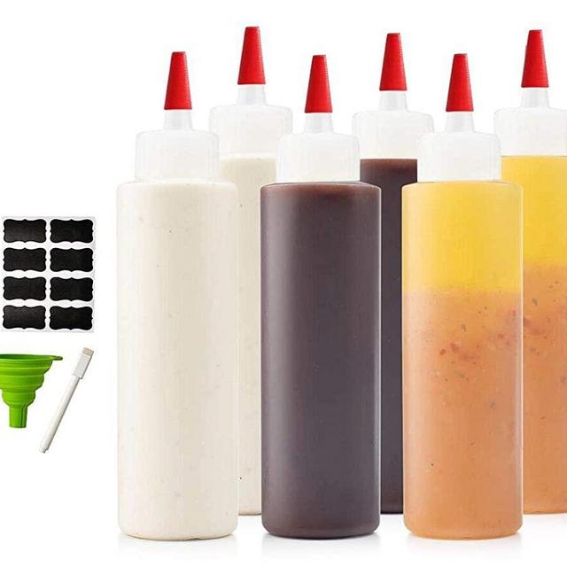 6-pack 16 oz Premium Condiment Squeeze Bottles for Sauces, Paint,Oil, Condiments,Salad Dressings, Arts and Crafts - BPA Free- Food Grade-Includes Funnel, Erasable Marker and Reusable Labels