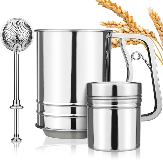 Flour Sifter, 3 in 1 Stainless Steel Sifter for Baking, 3 Cup Double Layer Fine Mesh Sifter, Powdered Sugar Shaker Duster Set for Baking Cakes, Pastries, Pies, Cupcakes and Desserts