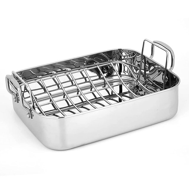 Roasting Pan with Polished Rack, Wide Handle, and Stainless Steel , Turkey Chicken Roasting Pan Great for Thanksgiving Dinners, Tender Roast, Deep Dishes, and More