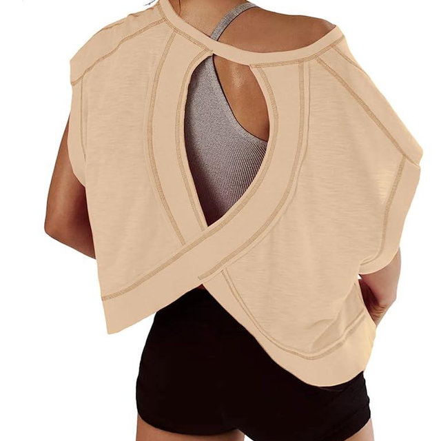 Kumufenc Women Short Sleeve Workout Shirts Open Back Tops Casual Yoga Y2k Athletic Gym Slouchy Crop Running Tees