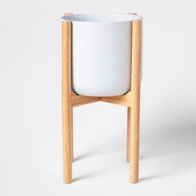 21" x 13.6" Stoneware Floor Planter With Wood Stand White/Brown - Project 62™