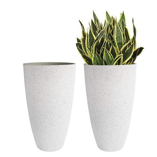 LA JOLIE MUSE Large Outdoor Tall Planters - 20 inch Indoor Round Big Flower Tree Pot with Drainage, Set of 2, Speckled White