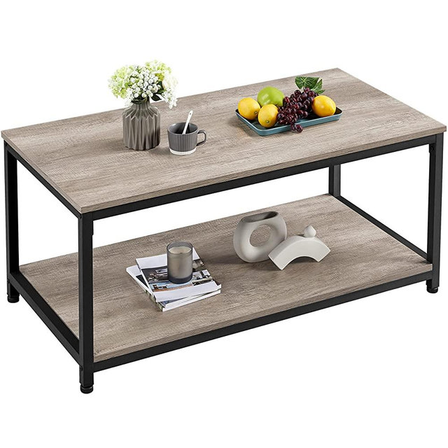 Yaheetech 2-Tier Wood Coffee Table Center Table with Storage Shelf, Industrial Coffee Table with Open Storage and Shelf for Living Room, Vintage Accent Cocktail Table Storage Shelf with Metal Frame