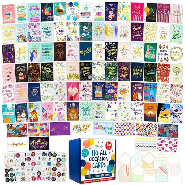 Decorably 110 Pack Gold Foiled & Glittery 5x7 Assorted Greeting Cards for All Occasions Box with Envelopes & Stickers, 110 Unique Designs All Occasion Cards with Envelopes with Printed Message Inside