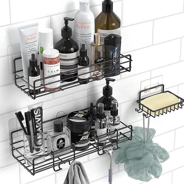 Shower Caddy Basket Shelf with Soap Holder, No Drilling Traceless Adhesive Shower Wall Shelves, SUS304 Rustproof Black Bathroom Shower Storage Organizer -3Pack