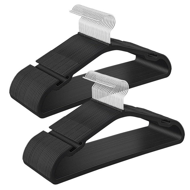 SONGMICS Clothes Hangers 50 Pack, Heavy-Duty Plastic Hangers, Coat Hangers with Wide Shoulder Notches, Pant Bar, 360° Swivel Hook, Space-Saving, 16.4 Inches, for Closet, Ink Black UCRP060B01