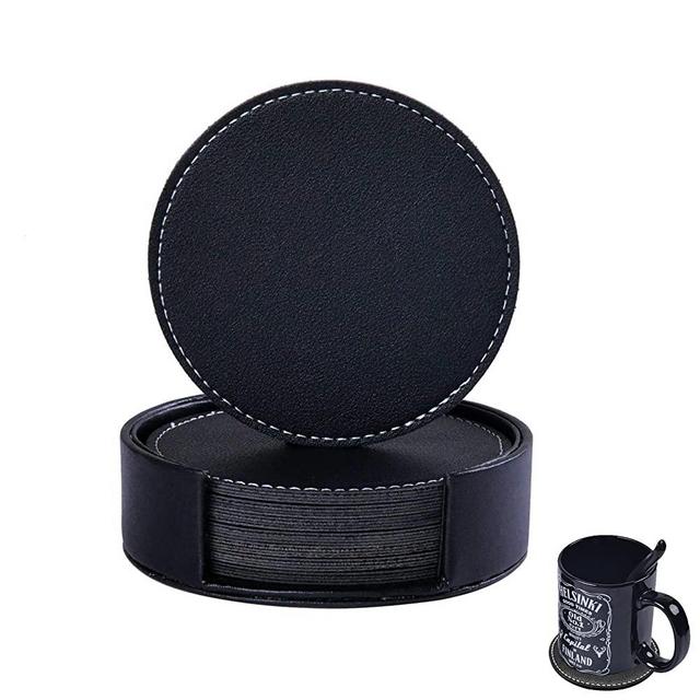 KEMMPER Coasters Set of 8 Soft Leather Drink Coaster Round Coaster with Sewing Around, Suitable for Various Cups, Wooden Tables,Home Decoration,4 Inches(Round Black Coasters)