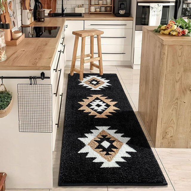 DEXDE Boho Bathroom Rug Runner 24x60 Long Bath Mat for Bathroom Bedroom Hallway Kitchen Luxury Soft Absorbent Large Modern Geometric Carpet Runner Western Farmhouse Decor, Black