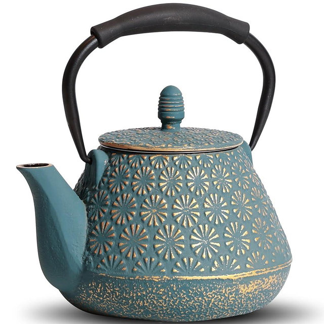 MILVBUSISS Cast Iron Teapot, 32oz Japanese Sakura Blossom Pattern Tea Kettle, Stovetop Safe, Infuser for Loose Leaf & Coffee, Silicone Handle, Enamel Interior, 950ml Blue