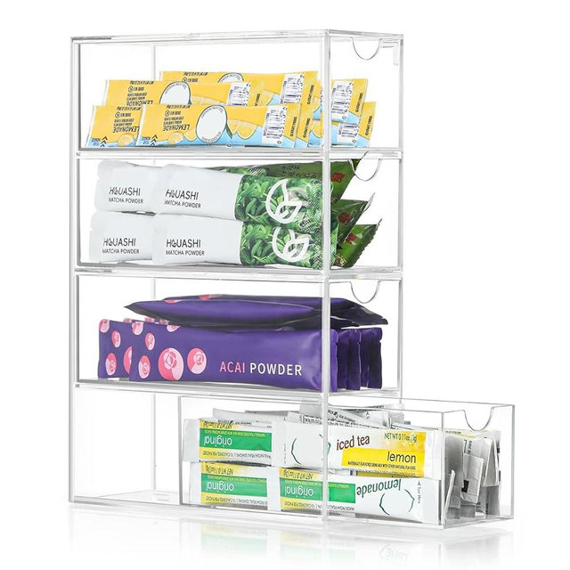 AIEVE Drink Packet Organizer, Drink Mix Holder with 4 Clear Drawers, Acrylic Water Flavor Packets Container, Kitchen Storage Organizers for Pantry Home Organization