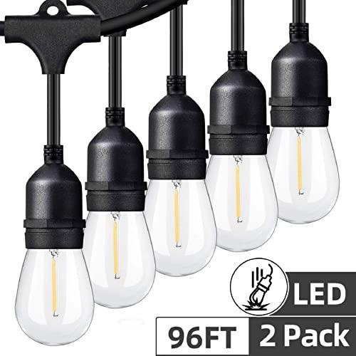 48ft 2 Packs LED Outdoor String Lights with Waterproof Shatterproof Dimmable 2700K Warm White Filament Bulbs, E26 15 Sockets Linkable Commercial Grade Hanging String Lights for Patio Deck Backyard