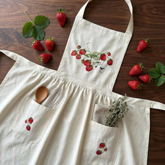 Hand Embroidered Strawberry Apron, Personalized Hand Embroidered Apron, Kitchen/Cooking/Florist/Gardening Apron,Custom Name Strawberry Apron