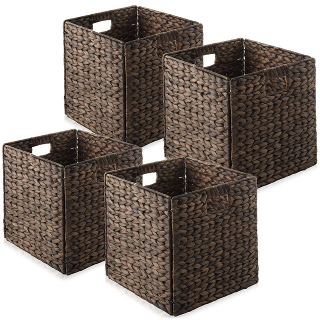 Casafield 12" x 12" Water Hyacinth Storage Baskets, Espresso - Set of 4 Collapsible Cubes, Woven Bin Organizers for Bathroom, Bedroom, Laundry, Pantry