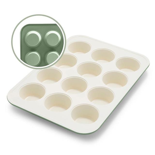 GreenLife 12-Cup Muffin Pan, Healthy Ceramic Nonstick Bakeware, PFOA & PFAS-Free Cupcake Tray, Durable Baking Pan, Versatile Kitchen Essential, Easy Clean Muffin Mold, Nonstick Baking Sheet, Sage