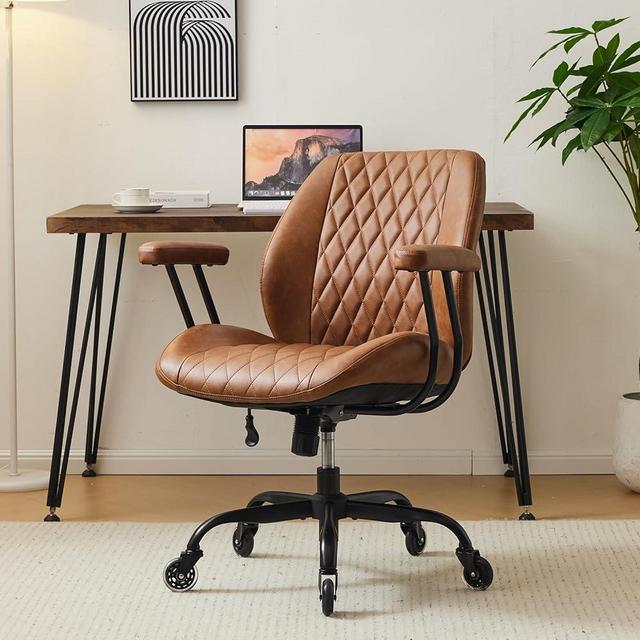 YFO Home Office Desk Chair Office Rubber Chair Casters Ergonomic Computer Chair with Lumbar Support Adjustable Height Rolling Swivel Chair Executive Task Armrests Chair， Brown Leather