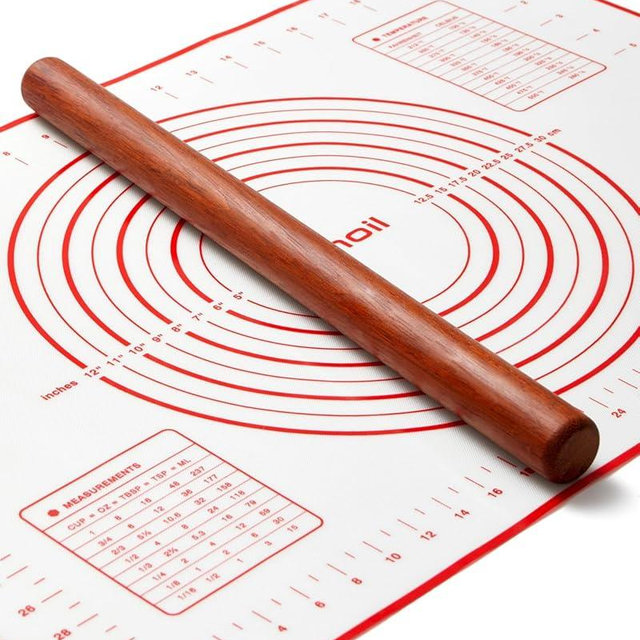 Wood Rolling Pin for Dough, Vinoil French Rolling Pins for Baking with Slicone Baking Mat Set, Dough Roller for Baking Fondant Pizza Pasta Pies Cakes Bread and Cookies, 16 Inch Rosewood