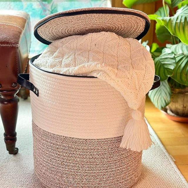 WAYIDEAL Cotton rope Storage Basket with Zipper cover & Woven baskets with Lid easy to move Multi-Purpose Storage Basket for Living Room, 13 x14 inches(Brown+White)