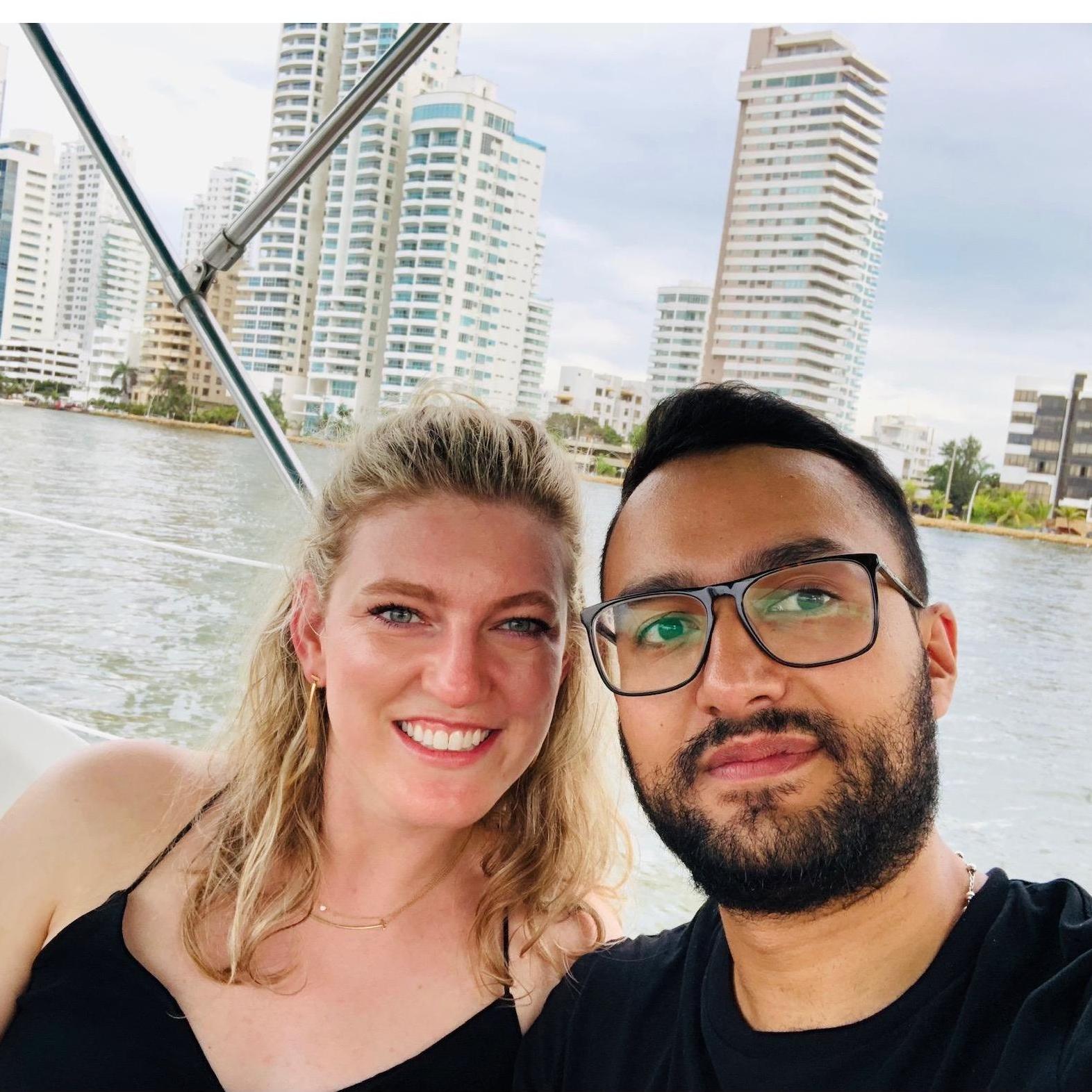 Sailing with friends in Cartagena. One of us needs sunscreen more than the other.