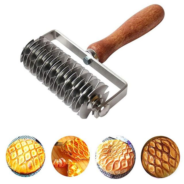 Stainless Steel Dough Lattice Top Cookie Pie Pizza Bread Pastry Crust Roller Cutter,Wood Handle
