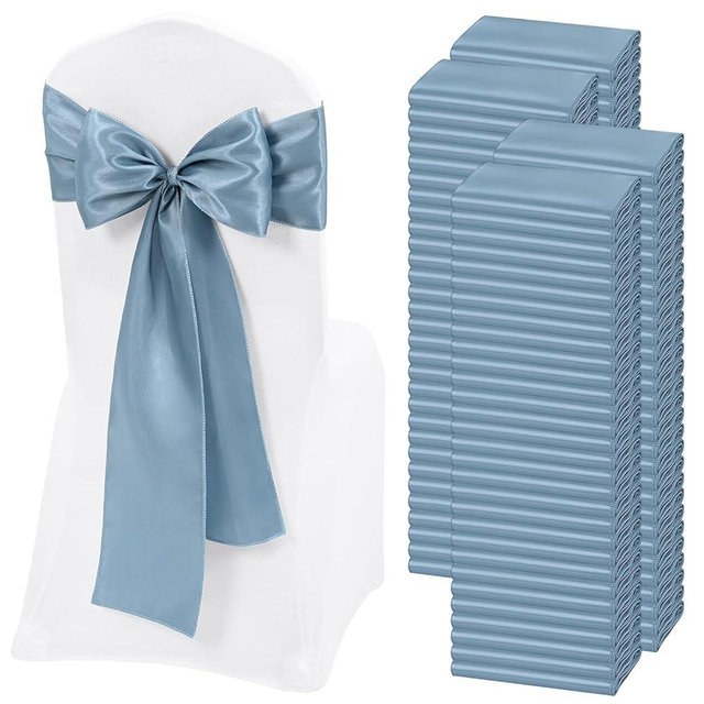 REWOMC 120 PCS Dusty Blue Satin Chair Sashes, Ties Bows Designed Chairs Decorative, Chair Cover Sashes for Thanksgiving Wedding Christmas Banquet Party Home Kitchen Decoration (7 x 108 inch)