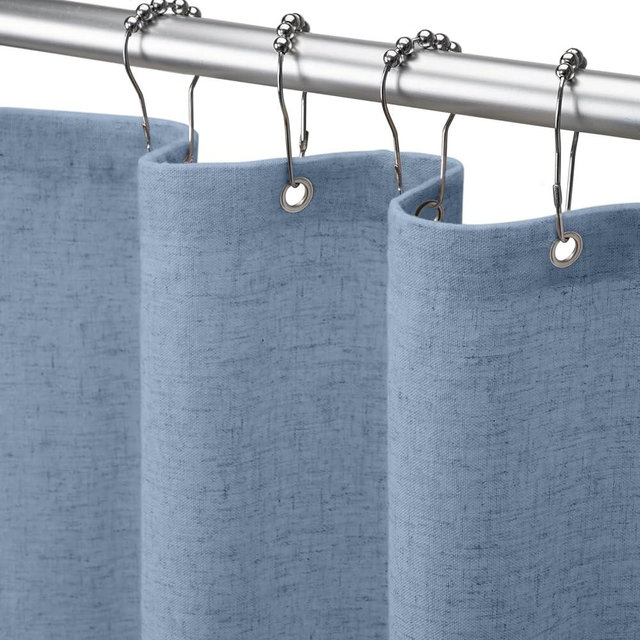 XOGUIBO Linen Shower Curtain Flax Blue Grey, Fabric Boho Farmhouse Shower Curtains for Bathroom Cotton Natural Cloth Liner Set 72" W x 72" L