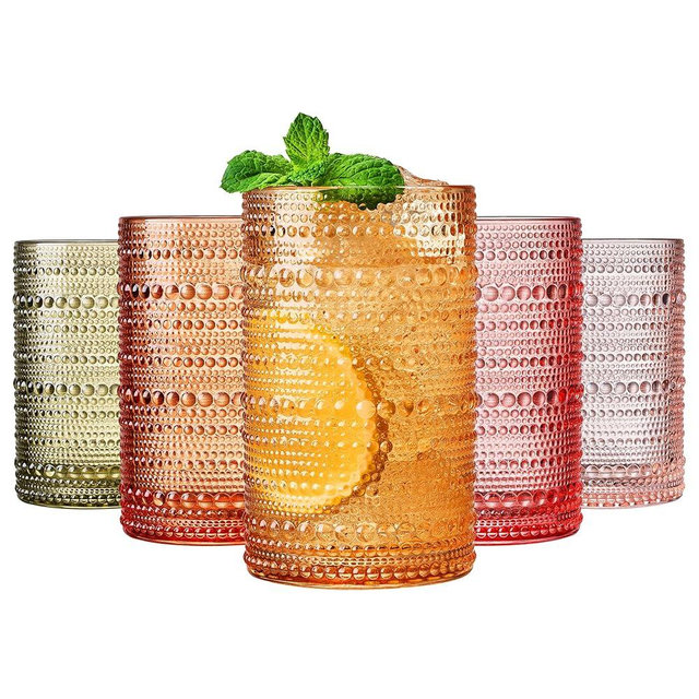 Hobnail Beaded Highball Drinking Tumbler Glasses | Set of 5 | Color, Vintage Bubble Design Whiskey Glassware, Old-Fashioned, Embossed Design, Water, Wine, Cocktail Embossed Heavy Glass, Rocks Glass