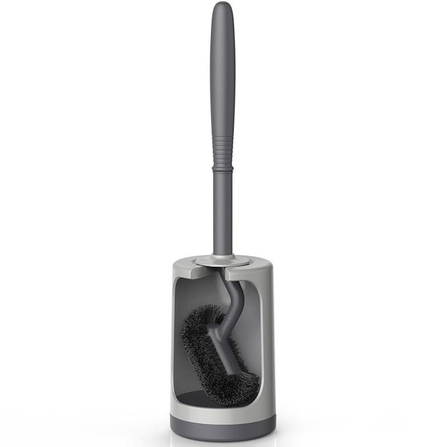 HAMITOR Toilet Bowl Brush Holder Set: Curved Design with Holder for Deep Cleaning Under Rim - Compact Hidden Scrubber for Small Space - Modern RV Bathroom Accessories - Gray