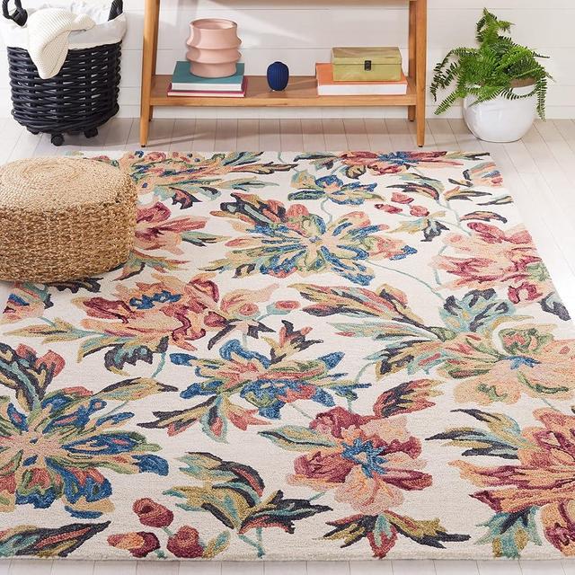 Safavieh Blossom Collection Area Rug - 5' x 8', Ivory & Plum, Handmade French Country Floral Wool, Ideal for High Traffic Areas in Living Room, Bedroom (BLM467A)