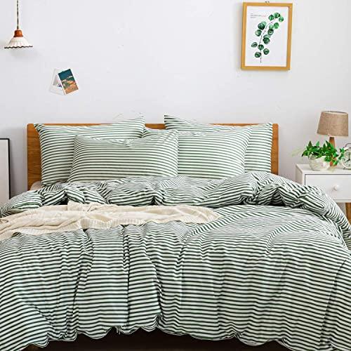 JELLYMONI 100% Natural Cotton 3pcs Striped Duvet Cover Sets,White Duvet Cover with Green Stripes Pattern Printed Comforter Cover,with Zipper Closure & Corner Ties(King Size)