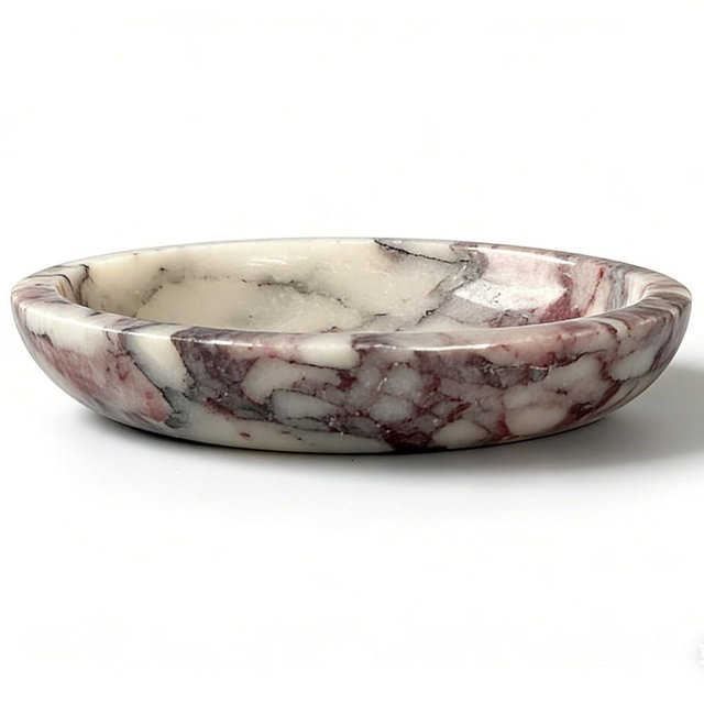Marble Trinket Dish, Calacatta Marble Tray for Jewelry & Keys, Round Soap Dish & Decorative Stone Bowl Candle Holder for Entryway Table, Bathroom, Vanity (Viola, 5.5 INCH)