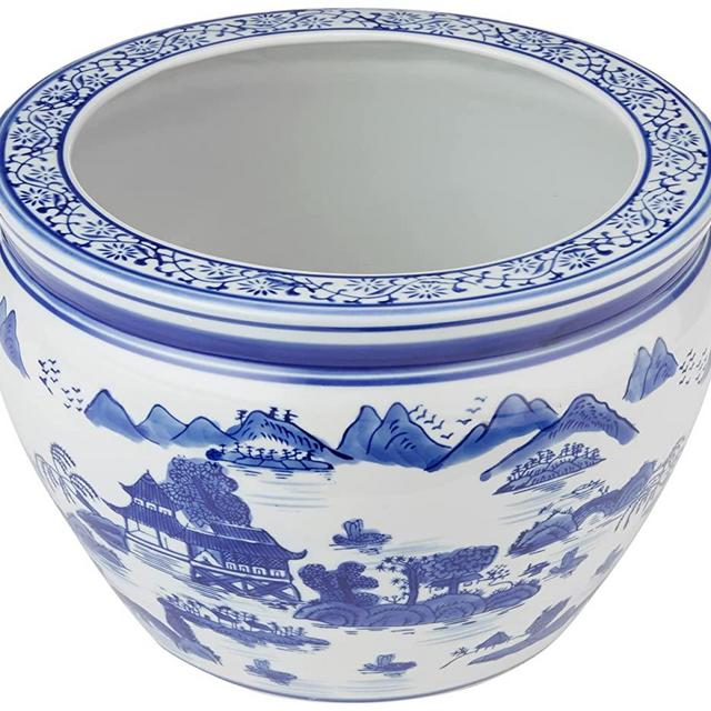 Oriental Furniture 12" Landscape Blue & White Porcelain Fishbowl
