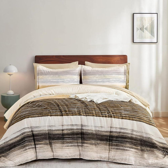 WONGS BEDDING Brown Comforter Set King Size, 7 Pieces King Bed in a Bag for All Season, Soft and Breathable Striped Bedding Set with Boho Comforter, Flat Sheet, Fitted Sheet, Pillowcases & Shams