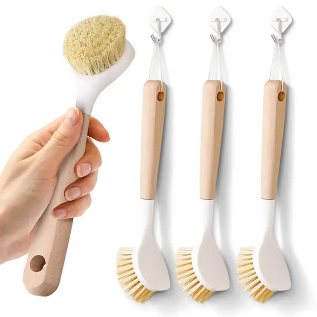 Cheer Collection 3-Piece Bamboo Dish Brush Set with Scraper and Tough Sisal Bristles