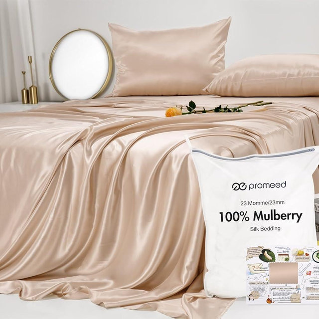 PROMEED - 100% Pure Mulberry Silk Sheets 4pcs Set - Luxury Silk Bed Sheet Set Queen Size - Cooling Bed Set with Fitted Sheet, Flat Sheet and Pillowcase (Champagne, Queen)