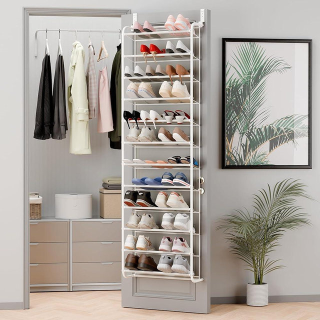 Whitmor 36 Pair Over The Door Shoe Organizer, 12 Tier Hanging Shoe Organizer, Heavy Duty Metal & Mesh Shoe Holder, Hanging Shoe Rack for Closet Organizer & Storage, 69"L x 21.7"W x 7.5"H, Matt White