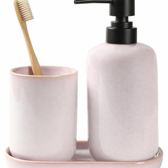 SHIIANN Ceramic Bathroom Accessories Set, Light Pink Glossy Soap Dispenser 15.5oz & Toothbrush Holder 10.6oz with Tray, Modern Countertop Set for Bathroom, Vanity, Kitchen Sink