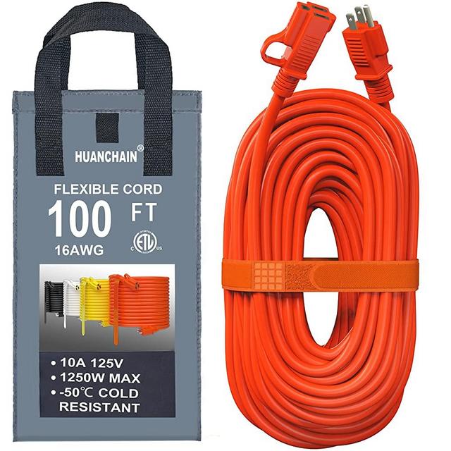 Outdoor Extension Cord 100 ft Waterproof, 16/3 Gauge Flexible Cold-Resistant Appliance Extension Cord Outside, 10A 1250W 16AWG SJTW, 3 Prong Heavy Duty Electric Cord Orange, ETL HUANCHAIN