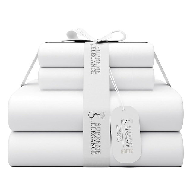 100% Cotton Queen Size Bed Sheets White, Ultra-Soft & Silky 600 Thread Count Sateen Bed Sheet, 4-Piece Queen Sheets Set (1 Flat Sheet, 1 Fitted Sheet & 2 Pillowcases) with Deep Pocket