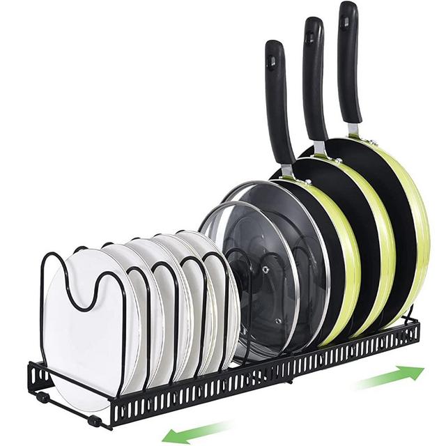 Pot Lid Organizer, Pot Rack Organizer with 10 Adjustable Compartments, Expandable Pots and Pans Organizer for Cabinet Countertop Cupboard Pantry Kitchen