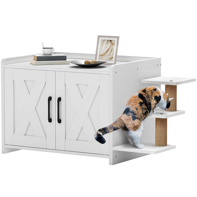 YITAHOME 27" Cat Litter Box Enclosure, Modern Cat Litter Box Furniture Hidden with Scratching Post&cusion, Wooden Cat House as Side End Table Nightstand, Fit Most of Litter Box, White